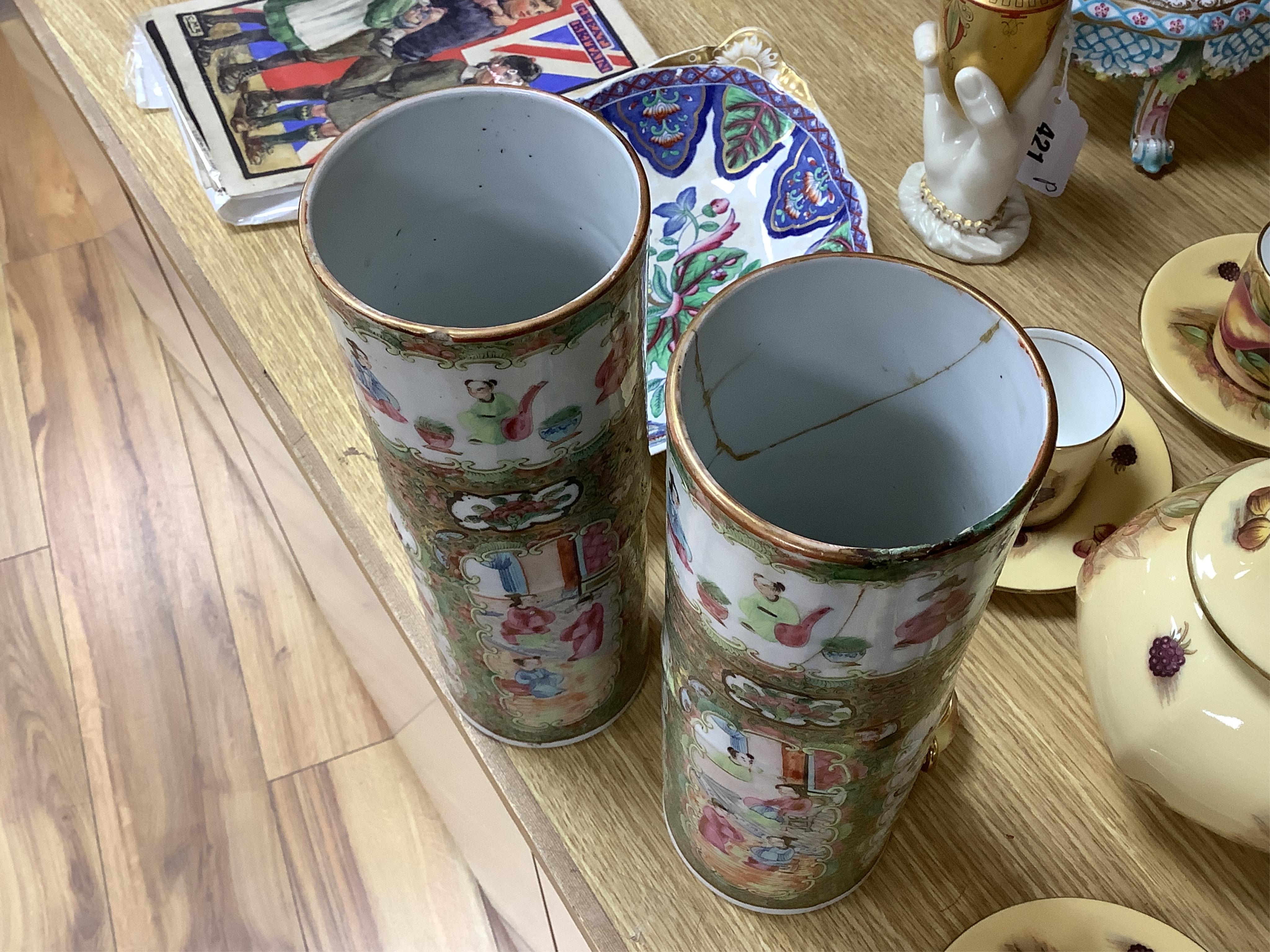 A pair of 18th century Chinese famille rose sleeve vases, a pair of 19th century Canton pattern vases and two English spill vases (6), tallest 25cm